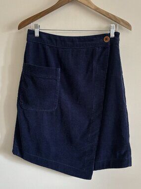 Anthropologie Letterpress Navy Blue Corduroy Faux Wrap Skirt 6 Preppy Academia